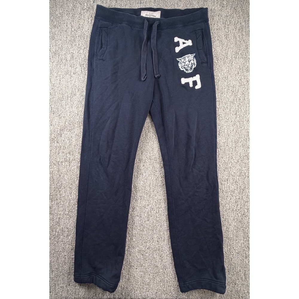 Abercrombie & Fitch Sweatpants Men L Navy Blue Tiger Mascot Logo Fleece Joggers